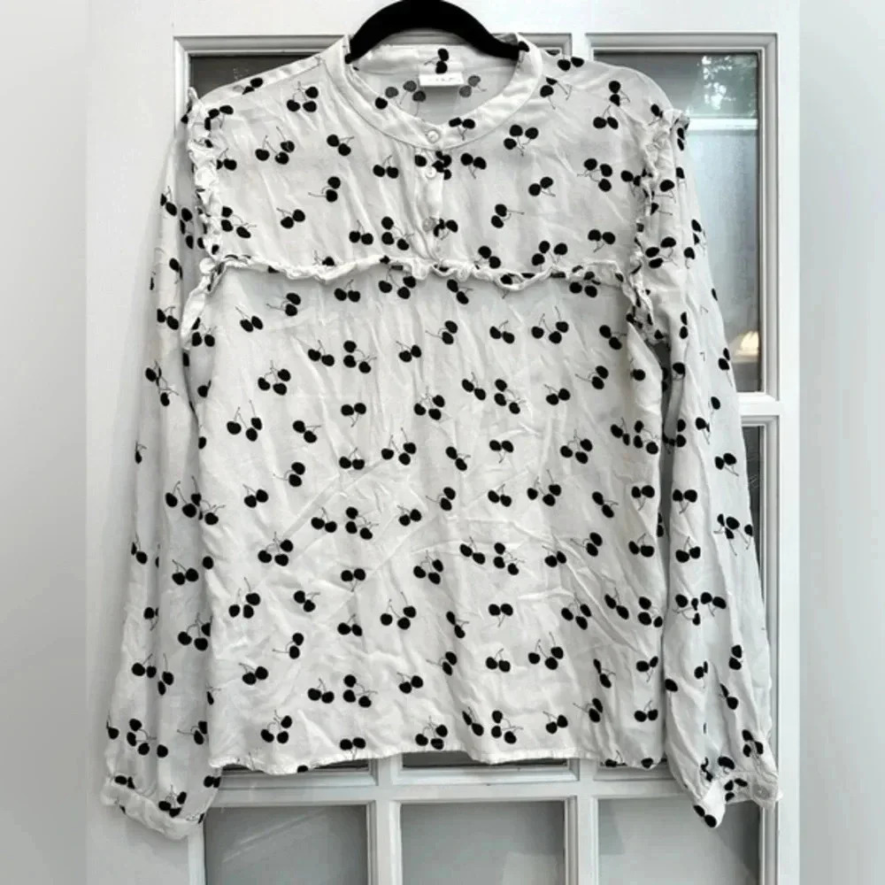 Vila White Ruffle Black Cherry Cherries Long Sleeve Blouse Size 40 Eu 8 Us M